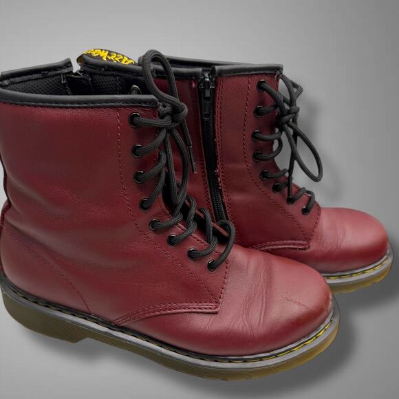 Women's 6 DR MARTENS Cherry Red 1460Y Lace Up/ Zip Leather Combat Boots EUC - Picture 2 of 11
